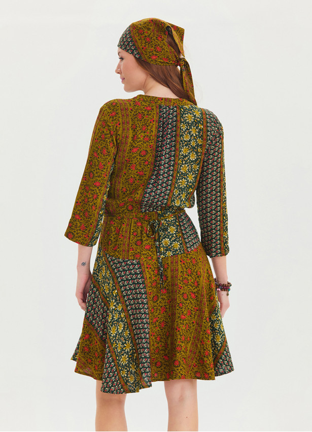 Green Patterned Midi Dress with Judge Collar and Button Detail 4462